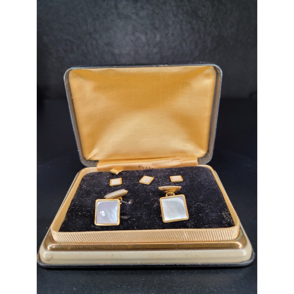 Swank Cufflink and Stud Set Gold Tone Iridescent White Inlay 5 Piece Boxed Set
